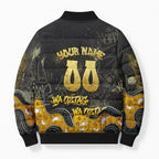 Personalised Western Australia Oztag Swan Bomber Puffer Jacket Black Gold Graffiti Aboriginal Dot Pattern