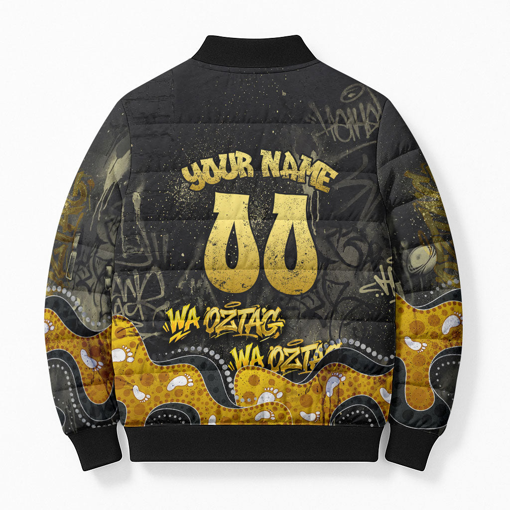 Personalised Western Australia Oztag Swan Bomber Puffer Jacket Black Gold Graffiti Aboriginal Dot Pattern
