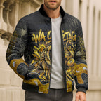 Personalised Western Australia Oztag Swan Bomber Puffer Jacket Black Gold Graffiti Aboriginal Dot Pattern