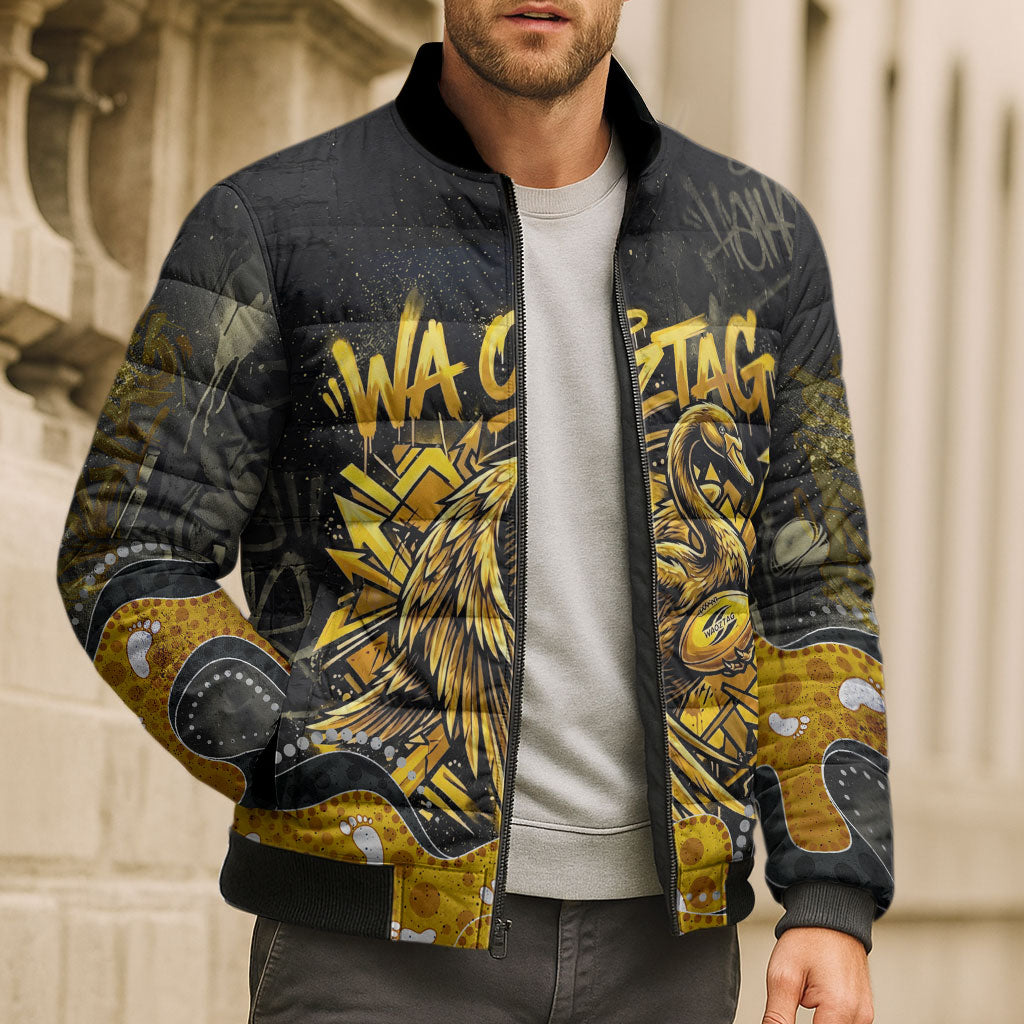 Personalised Western Australia Oztag Swan Bomber Puffer Jacket Black Gold Graffiti Aboriginal Dot Pattern
