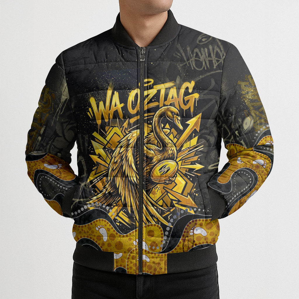 Personalised Western Australia Oztag Swan Bomber Puffer Jacket Black Gold Graffiti Aboriginal Dot Pattern