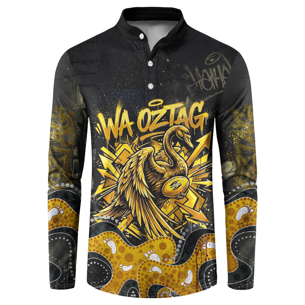 Personalised Western Australia Oztag Swan Button Sweatshirt Black Gold Graffiti Aboriginal Dot Pattern