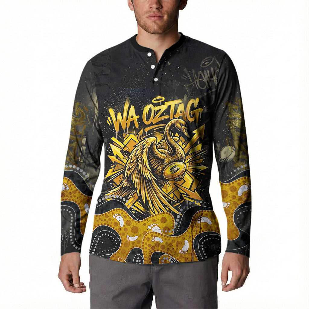Personalised Western Australia Oztag Swan Button Sweatshirt Black Gold Graffiti Aboriginal Dot Pattern