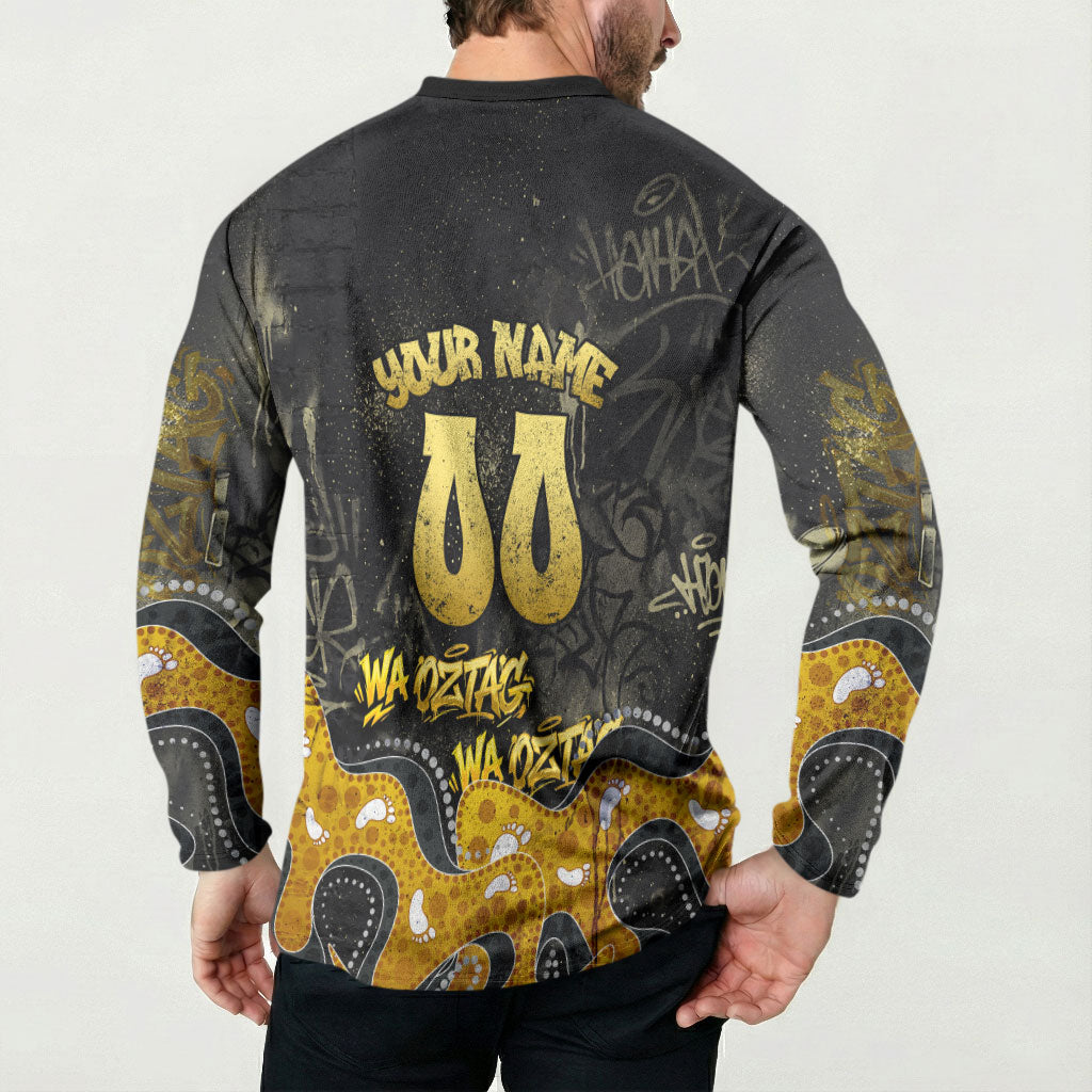 Personalised Western Australia Oztag Swan Button Sweatshirt Black Gold Graffiti Aboriginal Dot Pattern