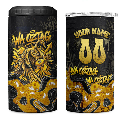 Personalised Western Australia Oztag Swan 4 in 1 Can Cooler Tumbler Black Gold Graffiti Aboriginal Dot Pattern