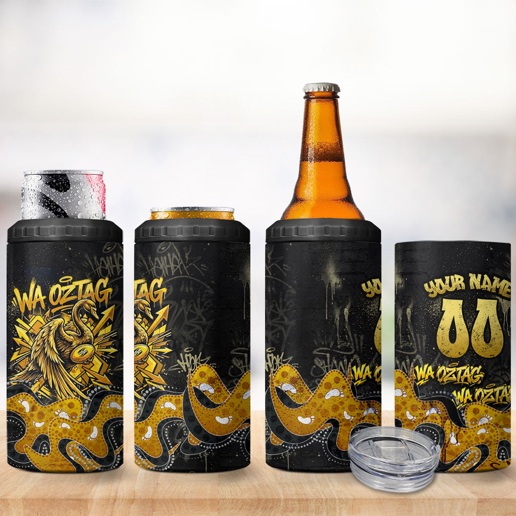 Personalised Western Australia Oztag Swan 4 in 1 Can Cooler Tumbler Black Gold Graffiti Aboriginal Dot Pattern