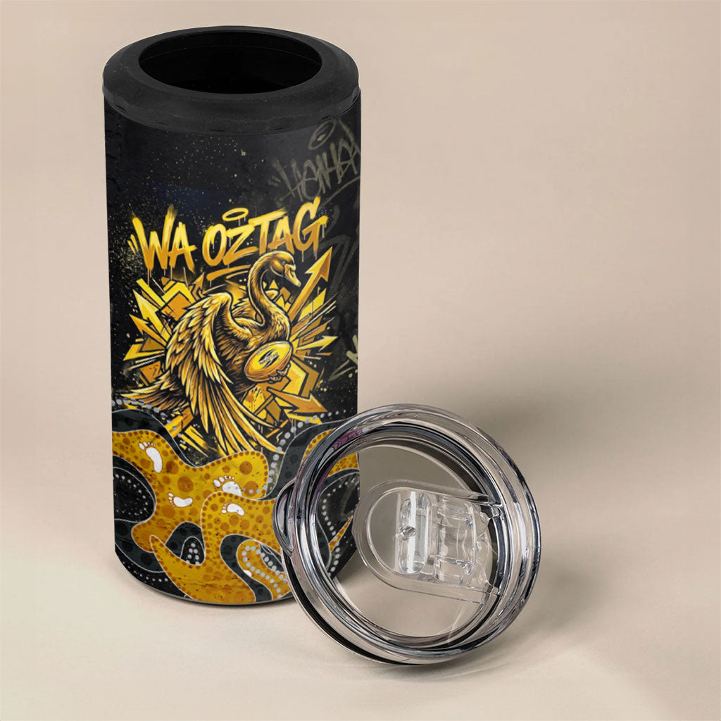 Personalised Western Australia Oztag Swan 4 in 1 Can Cooler Tumbler Black Gold Graffiti Aboriginal Dot Pattern