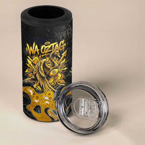 Personalised Western Australia Oztag Swan 4 in 1 Can Cooler Tumbler Black Gold Graffiti Aboriginal Dot Pattern