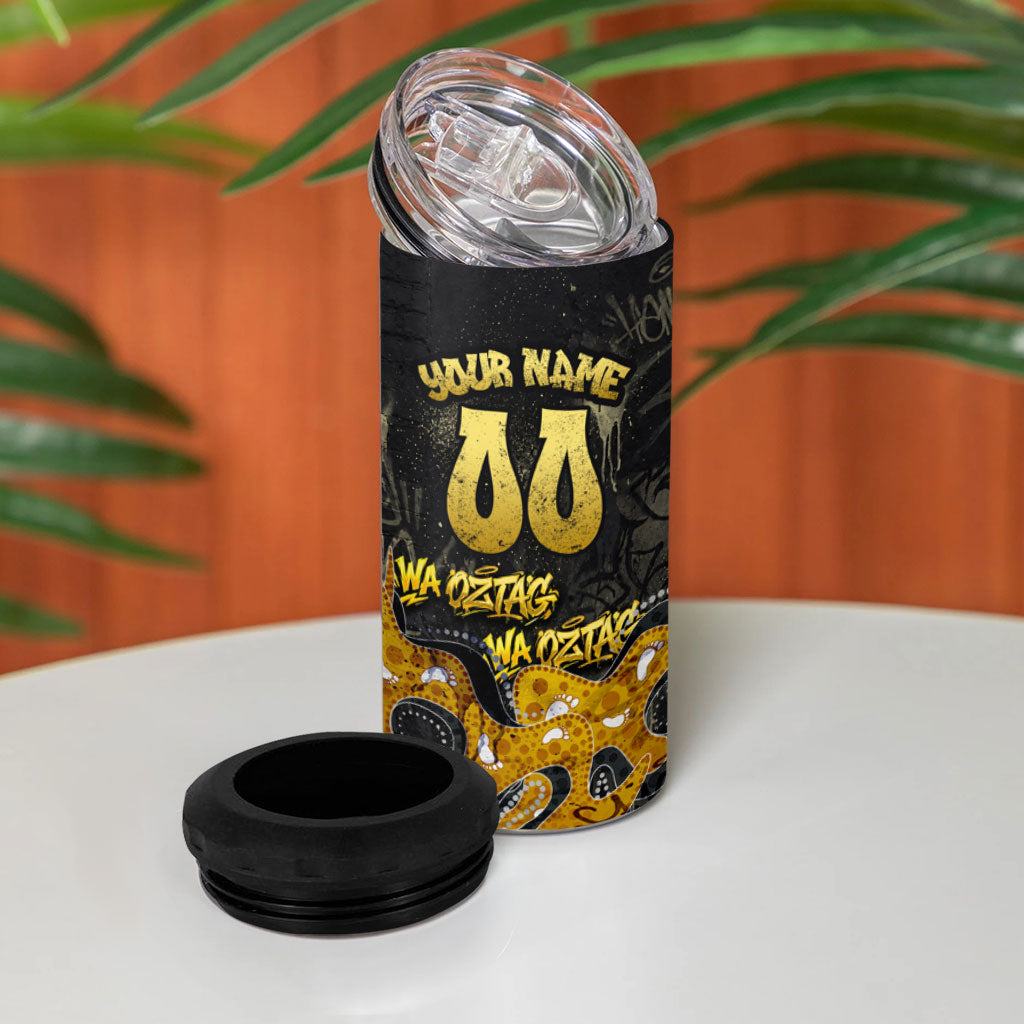 Personalised Western Australia Oztag Swan 4 in 1 Can Cooler Tumbler Black Gold Graffiti Aboriginal Dot Pattern