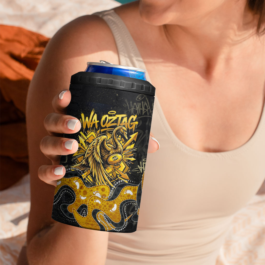 Personalised Western Australia Oztag Swan 4 in 1 Can Cooler Tumbler Black Gold Graffiti Aboriginal Dot Pattern