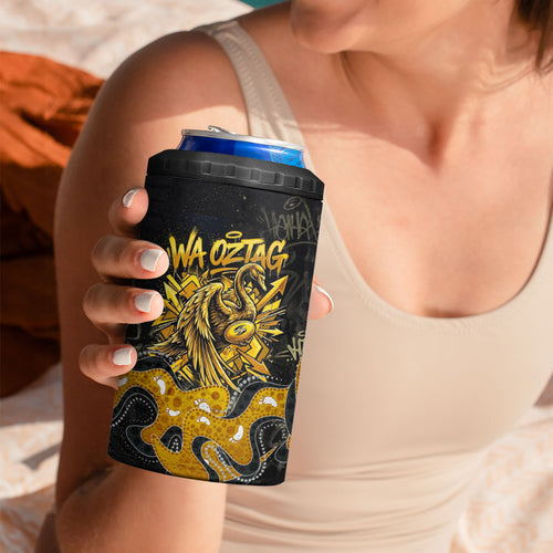 Personalised Western Australia Oztag Swan 4 in 1 Can Cooler Tumbler Black Gold Graffiti Aboriginal Dot Pattern