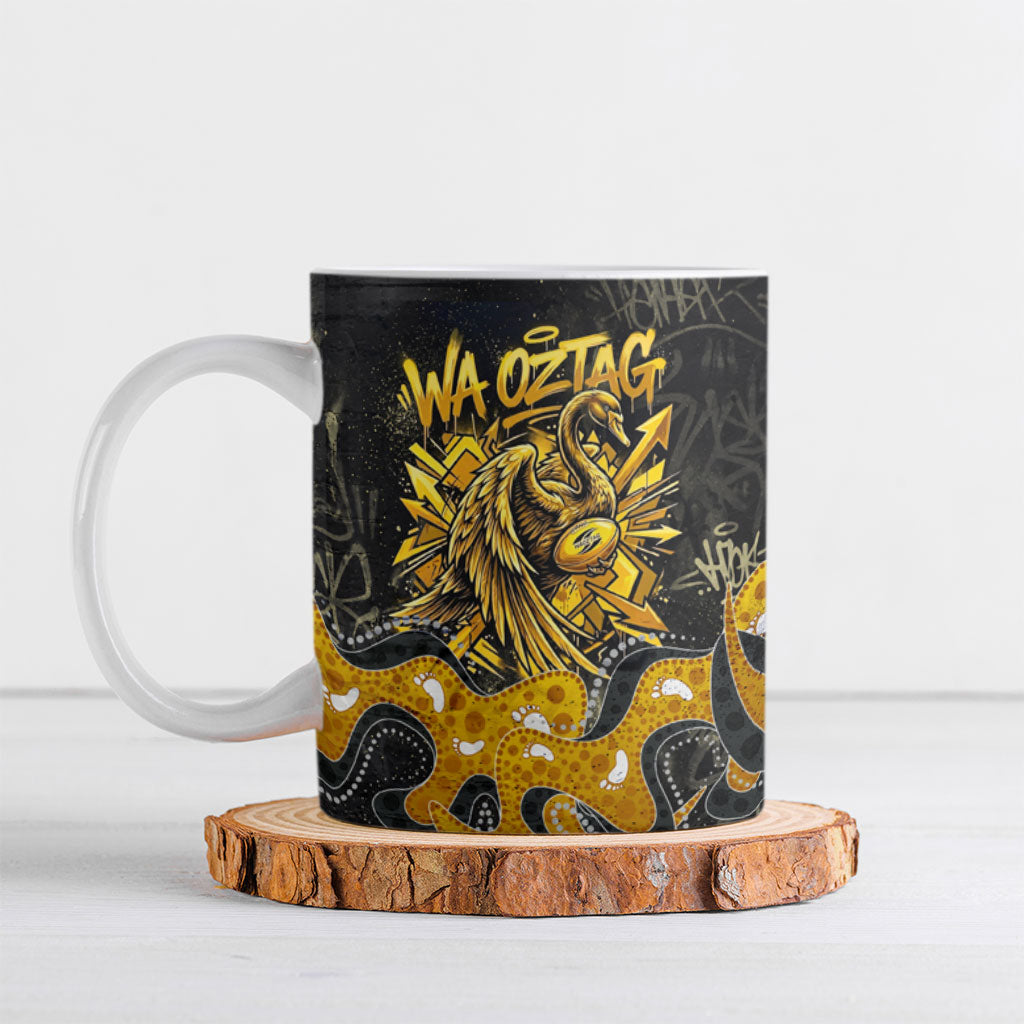 Personalised Western Australia Oztag Swan Ceramic Mug Black Gold Graffiti Aboriginal Dot Pattern