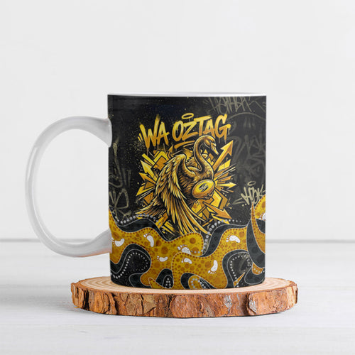 Personalised Western Australia Oztag Swan Ceramic Mug Black Gold Graffiti Aboriginal Dot Pattern
