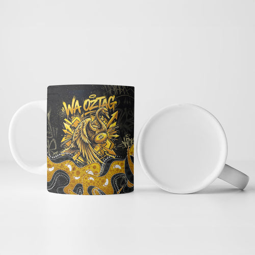 Personalised Western Australia Oztag Swan Ceramic Mug Black Gold Graffiti Aboriginal Dot Pattern