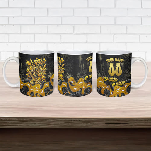 Personalised Western Australia Oztag Swan Ceramic Mug Black Gold Graffiti Aboriginal Dot Pattern