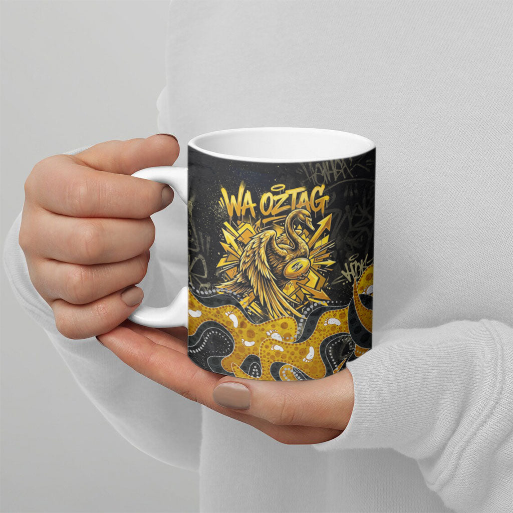 Personalised Western Australia Oztag Swan Ceramic Mug Black Gold Graffiti Aboriginal Dot Pattern