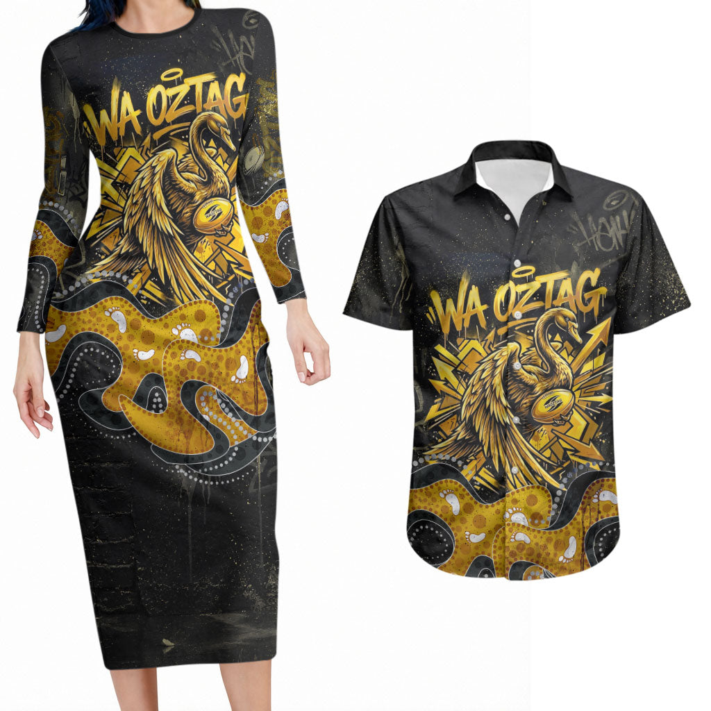 Personalised Western Australia Oztag Swan Couples Matching Long Sleeve Bodycon Dress and Hawaiian Shirt Black Gold Graffiti Aboriginal Dot Pattern
