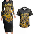 Personalised Western Australia Oztag Swan Couples Matching Long Sleeve Bodycon Dress and Hawaiian Shirt Black Gold Graffiti Aboriginal Dot Pattern