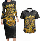 Personalised Western Australia Oztag Swan Couples Matching Long Sleeve Bodycon Dress and Hawaiian Shirt Black Gold Graffiti Aboriginal Dot Pattern