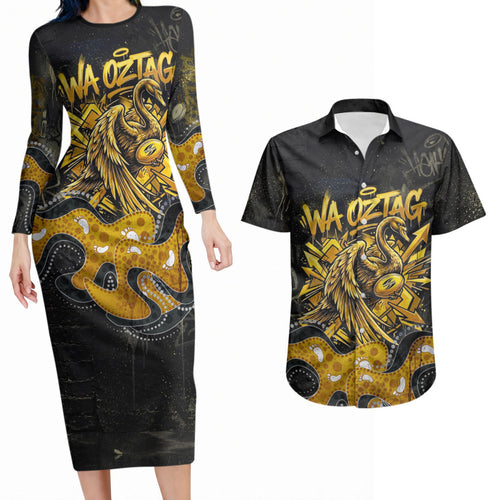Personalised Western Australia Oztag Swan Couples Matching Long Sleeve Bodycon Dress and Hawaiian Shirt Black Gold Graffiti Aboriginal Dot Pattern