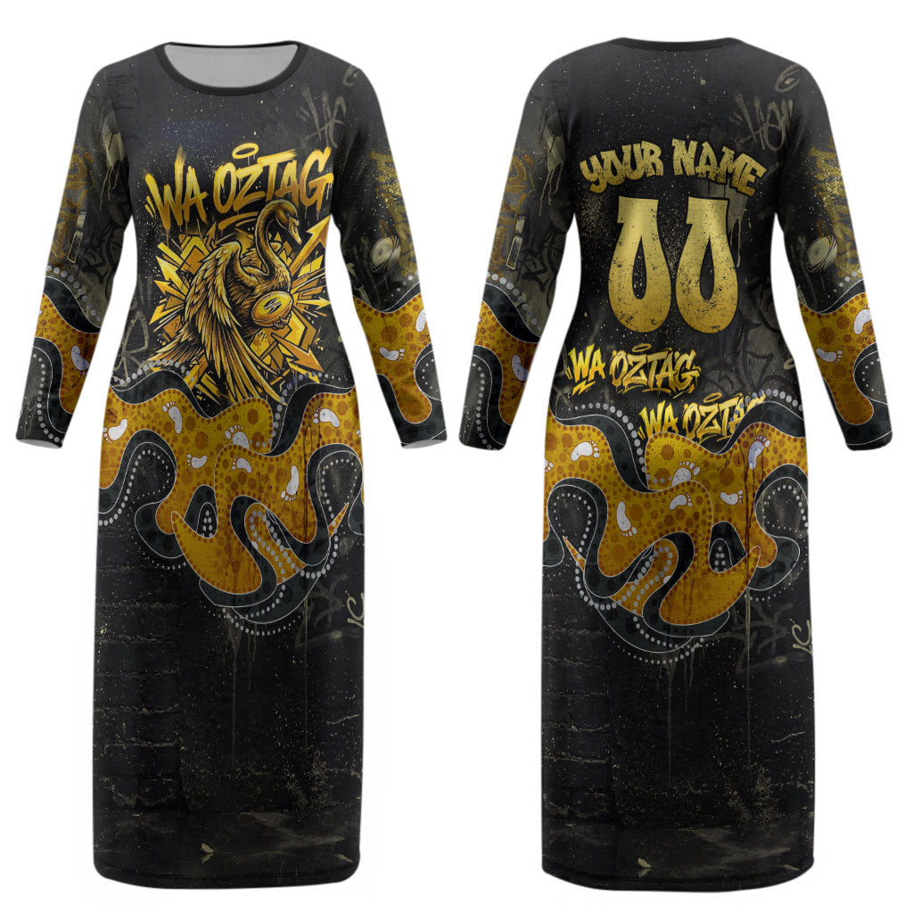 Personalised Western Australia Oztag Swan Couples Matching Long Sleeve Bodycon Dress and Hawaiian Shirt Black Gold Graffiti Aboriginal Dot Pattern