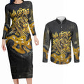 Personalised Western Australia Oztag Swan Couples Matching Long Sleeve Bodycon Dress and Long Sleeve Button Shirt Black Gold Graffiti Aboriginal Dot Pattern