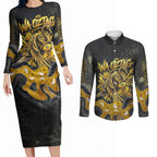 Personalised Western Australia Oztag Swan Couples Matching Long Sleeve Bodycon Dress and Long Sleeve Button Shirt Black Gold Graffiti Aboriginal Dot Pattern