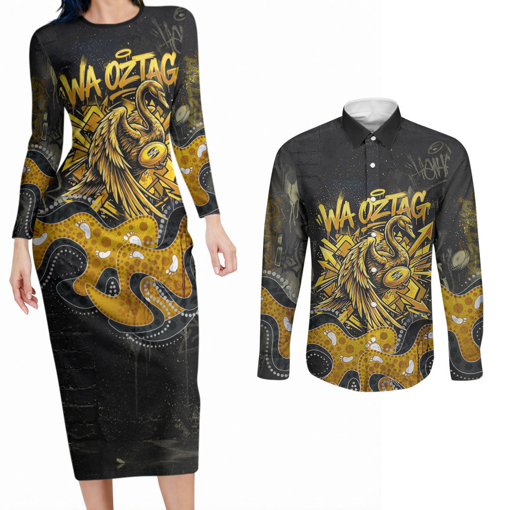 Personalised Western Australia Oztag Swan Couples Matching Long Sleeve Bodycon Dress and Long Sleeve Button Shirt Black Gold Graffiti Aboriginal Dot Pattern