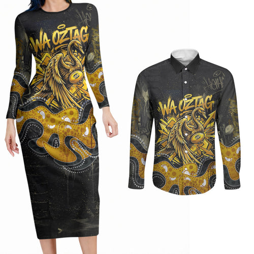 Personalised Western Australia Oztag Swan Couples Matching Long Sleeve Bodycon Dress and Long Sleeve Button Shirt Black Gold Graffiti Aboriginal Dot Pattern