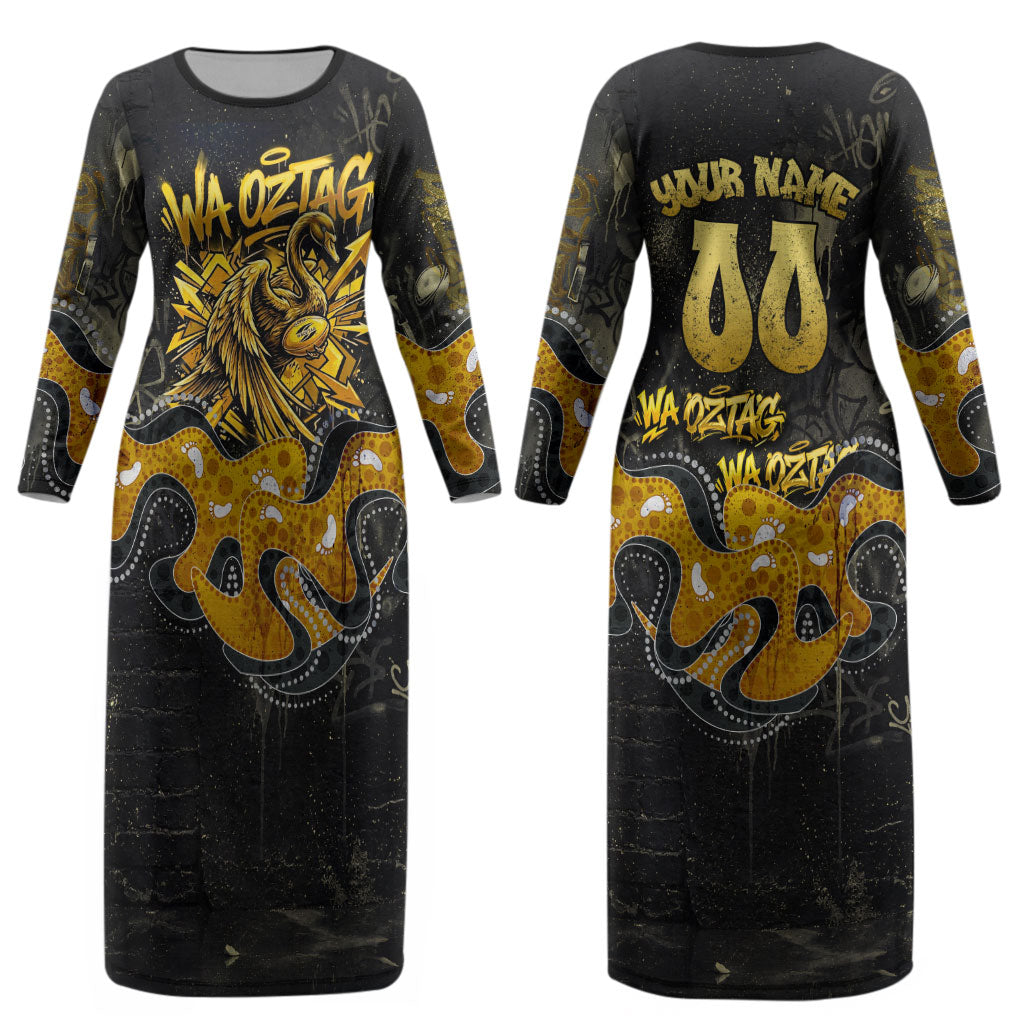 Personalised Western Australia Oztag Swan Couples Matching Long Sleeve Bodycon Dress and Long Sleeve Button Shirt Black Gold Graffiti Aboriginal Dot Pattern