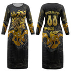 Personalised Western Australia Oztag Swan Couples Matching Long Sleeve Bodycon Dress and Long Sleeve Button Shirt Black Gold Graffiti Aboriginal Dot Pattern