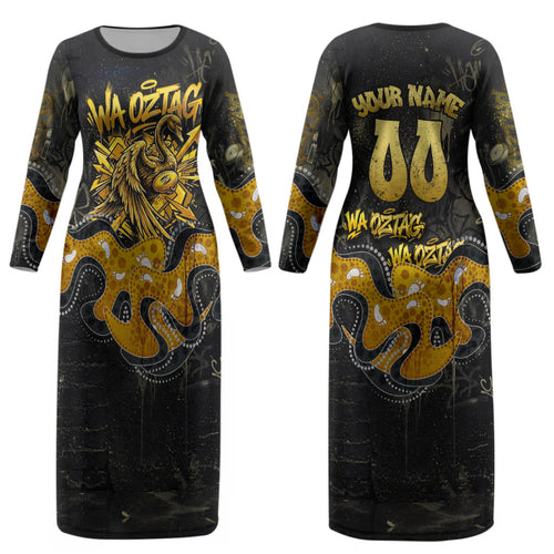 Personalised Western Australia Oztag Swan Couples Matching Long Sleeve Bodycon Dress and Long Sleeve Button Shirt Black Gold Graffiti Aboriginal Dot Pattern
