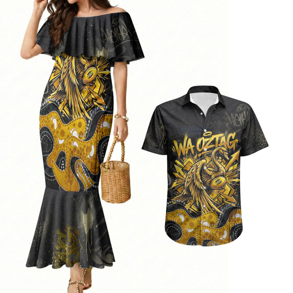 Personalised Western Australia Oztag Swan Couples Matching Mermaid Dress and Hawaiian Shirt Black Gold Graffiti Aboriginal Dot Pattern