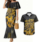 Personalised Western Australia Oztag Swan Couples Matching Mermaid Dress and Hawaiian Shirt Black Gold Graffiti Aboriginal Dot Pattern