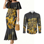 Personalised Western Australia Oztag Swan Couples Matching Mermaid Dress and Long Sleeve Button Shirt Black Gold Graffiti Aboriginal Dot Pattern