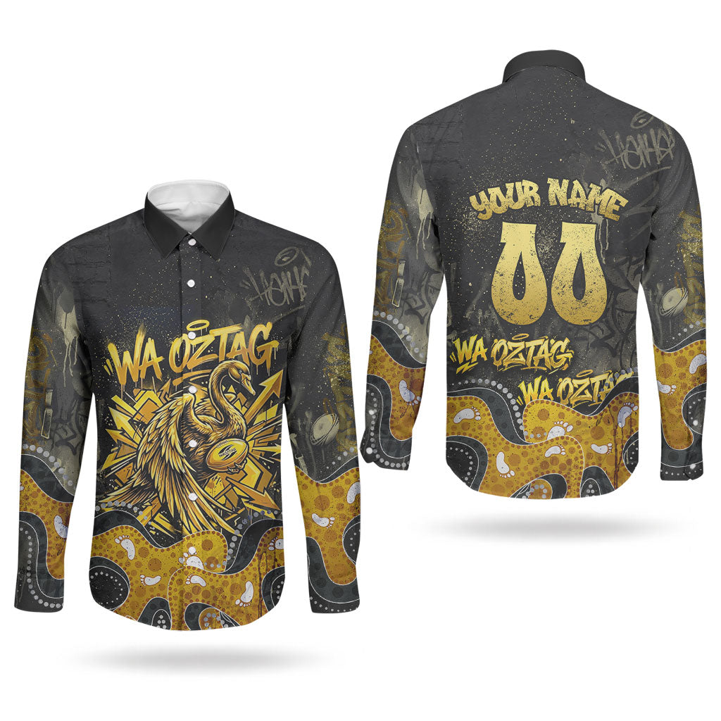 Personalised Western Australia Oztag Swan Couples Matching Mermaid Dress and Long Sleeve Button Shirt Black Gold Graffiti Aboriginal Dot Pattern