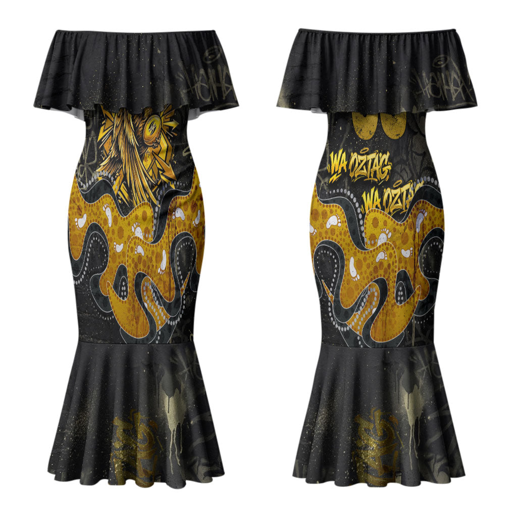 Personalised Western Australia Oztag Swan Couples Matching Mermaid Dress and Long Sleeve Button Shirt Black Gold Graffiti Aboriginal Dot Pattern