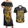 Personalised Western Australia Oztag Swan Couples Matching Off Shoulder Maxi Dress and Hawaiian Shirt Black Gold Graffiti Aboriginal Dot Pattern