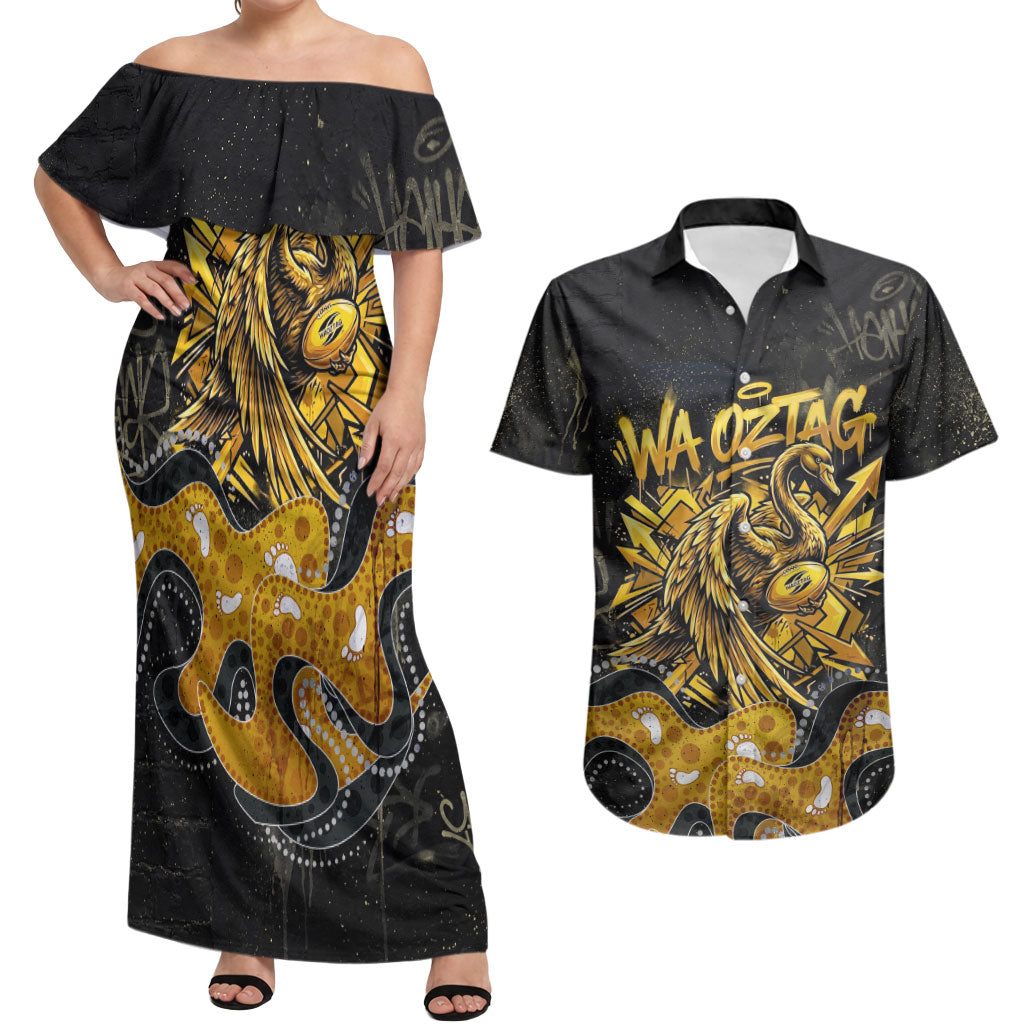 Personalised Western Australia Oztag Swan Couples Matching Off Shoulder Maxi Dress and Hawaiian Shirt Black Gold Graffiti Aboriginal Dot Pattern