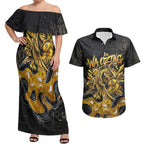 Personalised Western Australia Oztag Swan Couples Matching Off Shoulder Maxi Dress and Hawaiian Shirt Black Gold Graffiti Aboriginal Dot Pattern