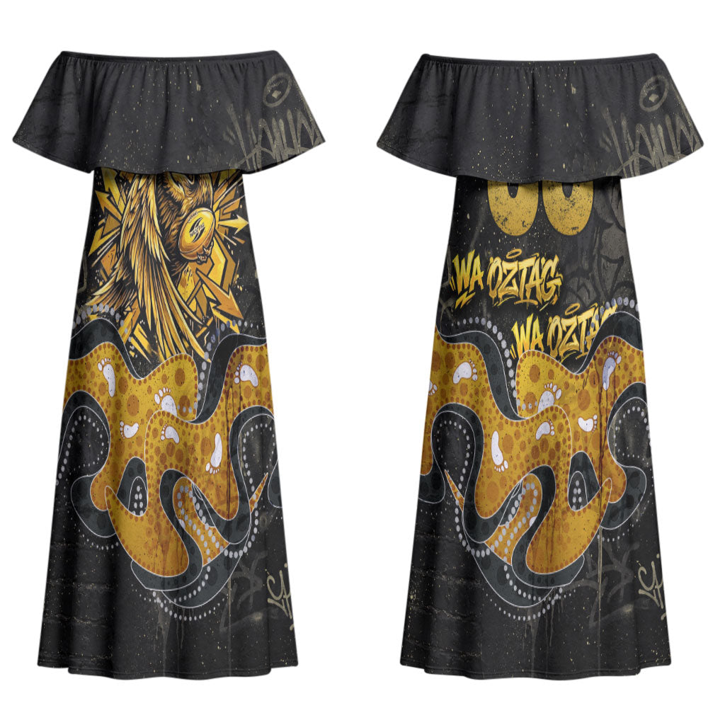 Personalised Western Australia Oztag Swan Couples Matching Off Shoulder Maxi Dress and Hawaiian Shirt Black Gold Graffiti Aboriginal Dot Pattern