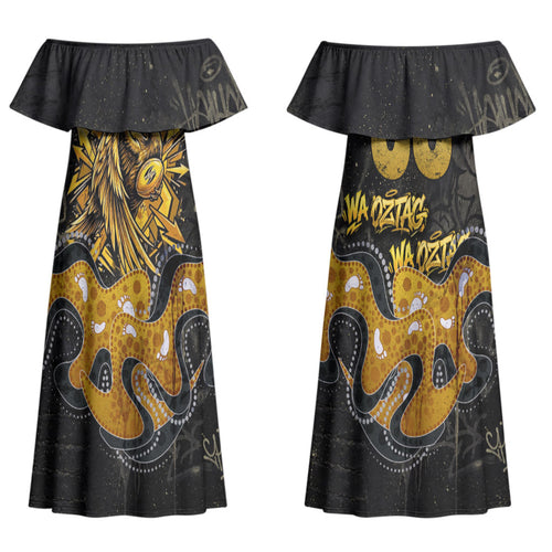 Personalised Western Australia Oztag Swan Couples Matching Off Shoulder Maxi Dress and Hawaiian Shirt Black Gold Graffiti Aboriginal Dot Pattern