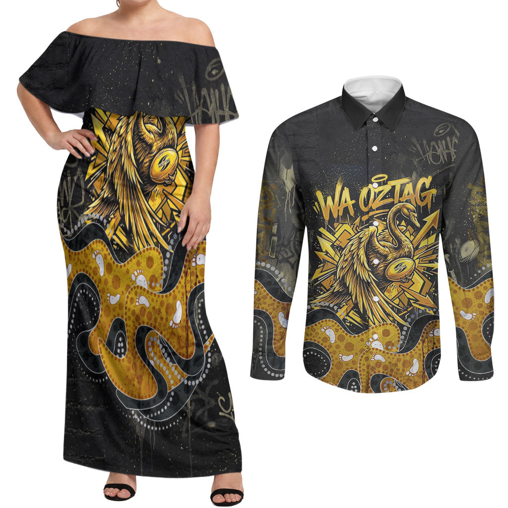 Personalised Western Australia Oztag Swan Couples Matching Off Shoulder Maxi Dress and Long Sleeve Button Shirt Black Gold Graffiti Aboriginal Dot Pattern