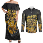 Personalised Western Australia Oztag Swan Couples Matching Off Shoulder Maxi Dress and Long Sleeve Button Shirt Black Gold Graffiti Aboriginal Dot Pattern