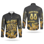 Personalised Western Australia Oztag Swan Couples Matching Off Shoulder Maxi Dress and Long Sleeve Button Shirt Black Gold Graffiti Aboriginal Dot Pattern
