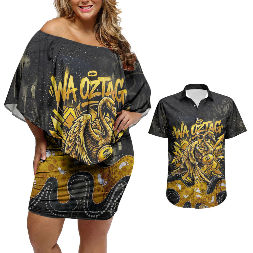 Personalised Western Australia Oztag Swan Couples Matching Off Shoulder Short Dress and Hawaiian Shirt Black Gold Graffiti Aboriginal Dot Pattern
