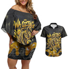 Personalised Western Australia Oztag Swan Couples Matching Off Shoulder Short Dress and Hawaiian Shirt Black Gold Graffiti Aboriginal Dot Pattern