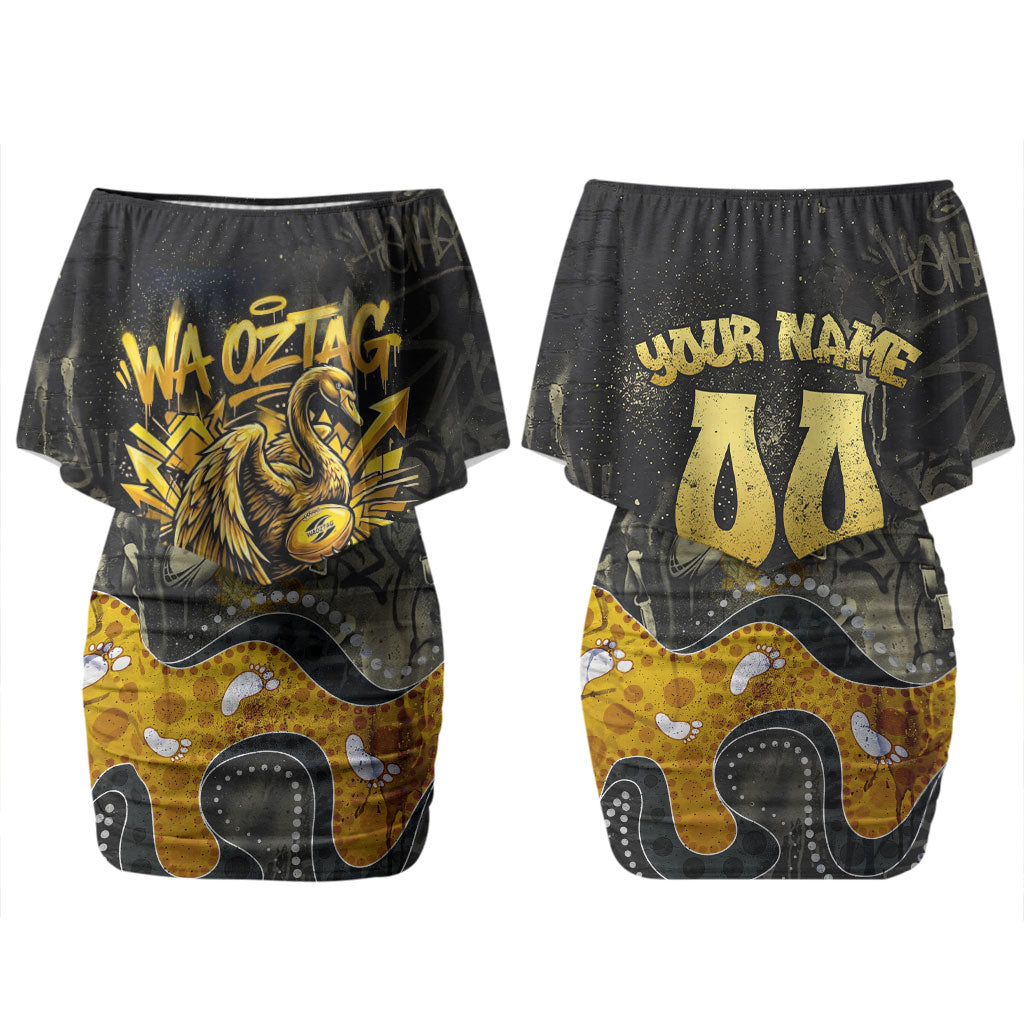 Personalised Western Australia Oztag Swan Couples Matching Off Shoulder Short Dress and Hawaiian Shirt Black Gold Graffiti Aboriginal Dot Pattern