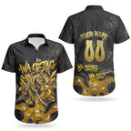 Personalised Western Australia Oztag Swan Couples Matching Off Shoulder Short Dress and Hawaiian Shirt Black Gold Graffiti Aboriginal Dot Pattern