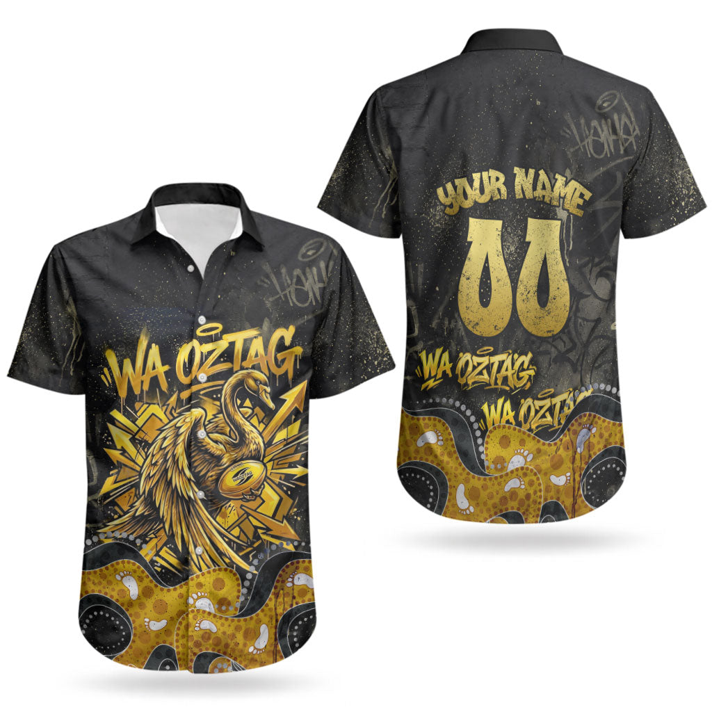 Personalised Western Australia Oztag Swan Couples Matching Off Shoulder Short Dress and Hawaiian Shirt Black Gold Graffiti Aboriginal Dot Pattern